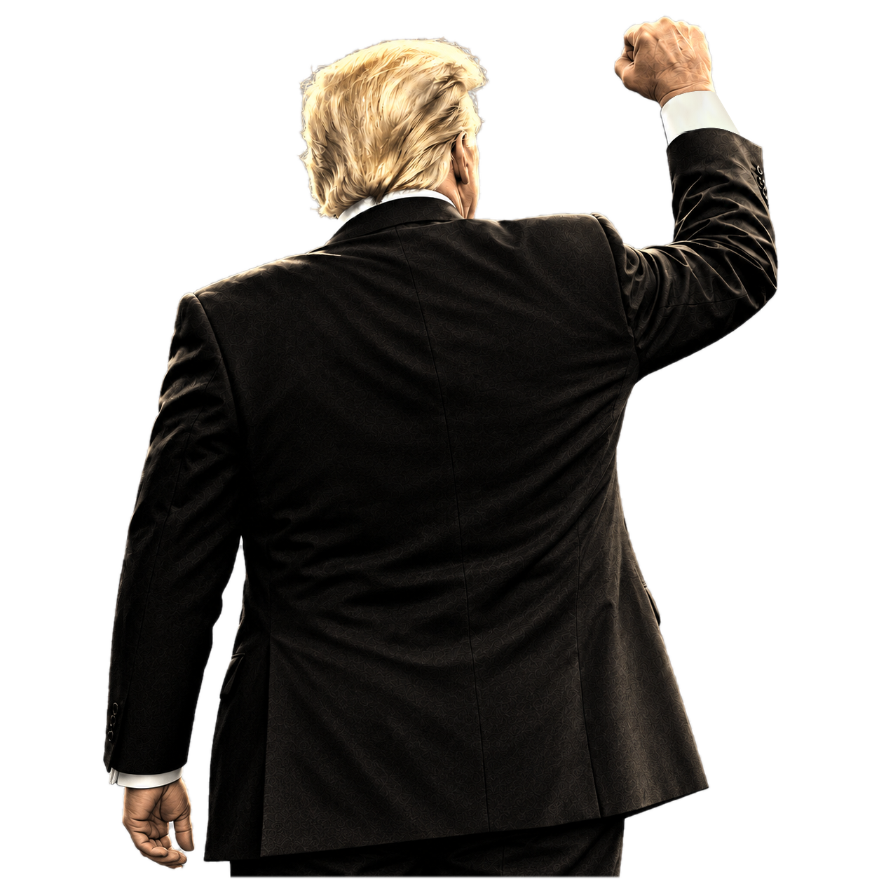 A suited figure seen from behind raising a fist